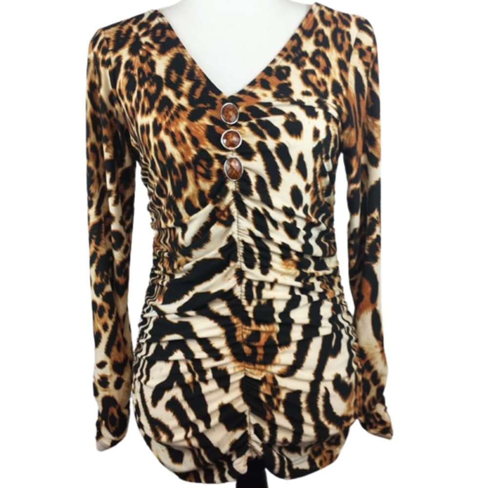 ISABEL Black & Brown Leopard Print Pullover Blouse Women's M